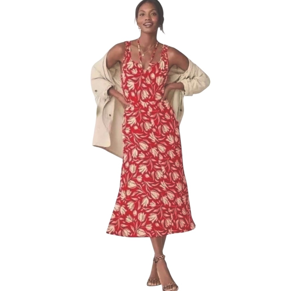CABI style #6393 Tea Room Dress maxi red w/off white floral print sleeveless M